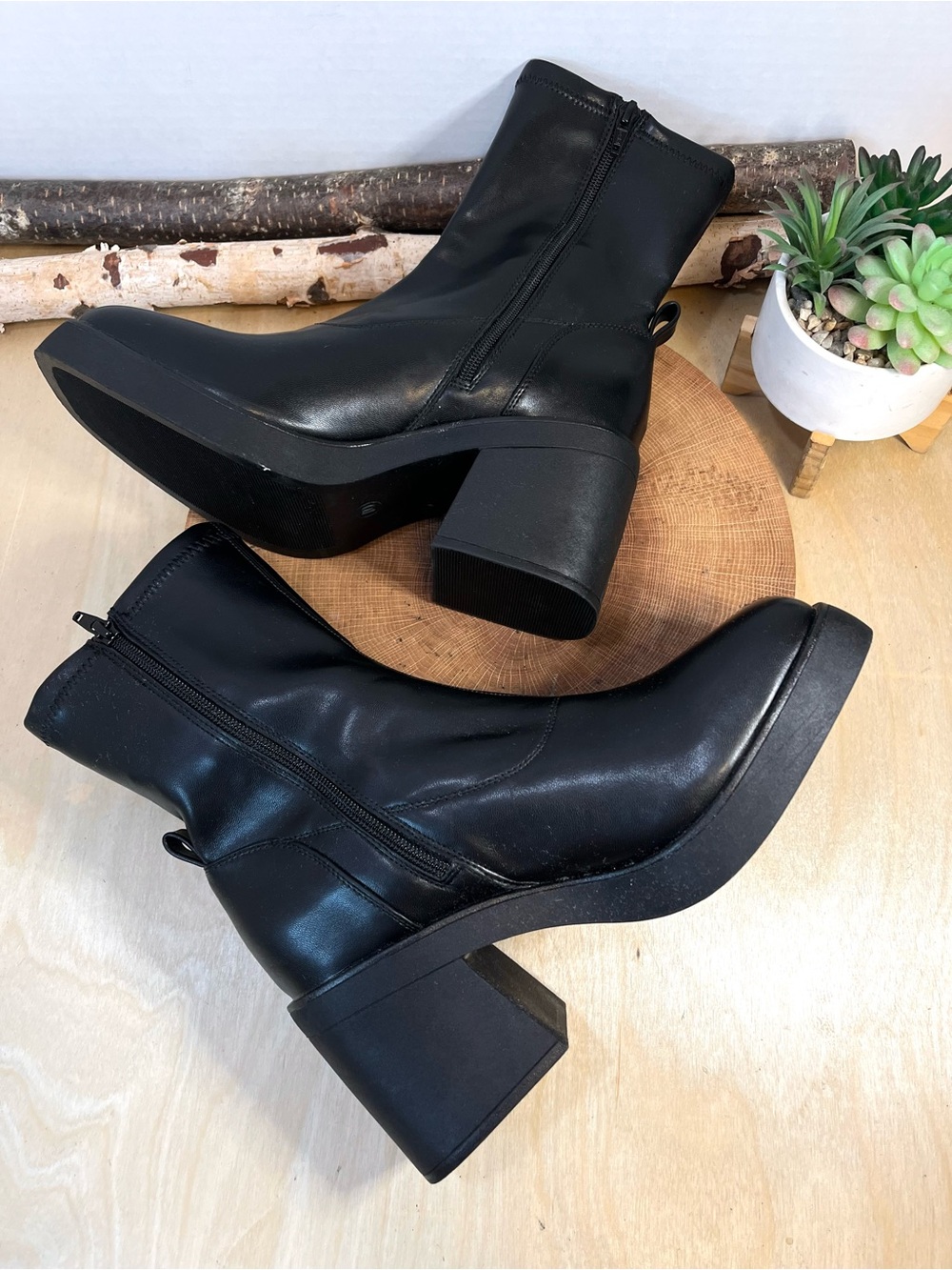 SM New York Khloe Platform Ankle Boots Black Vegan Leather Size 10
